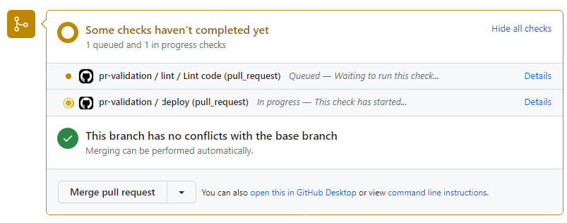 Screenshot: GitHub-Pull Request mit Elementen der Statusüberprüfung. Der Link „Details“ für den Auftrag „Bereitstellen“ ist hervorgehoben.