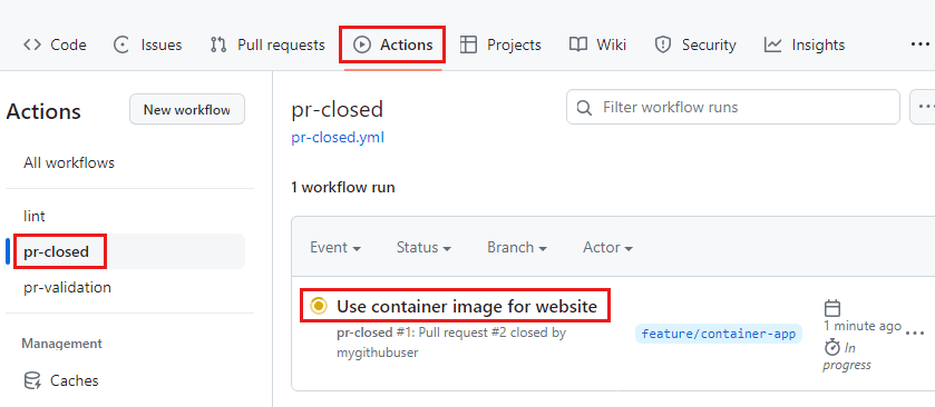 Screenshot: GitHub Actions-Bereich mit Anzeige der Ausführung des pr-closed-Workflows