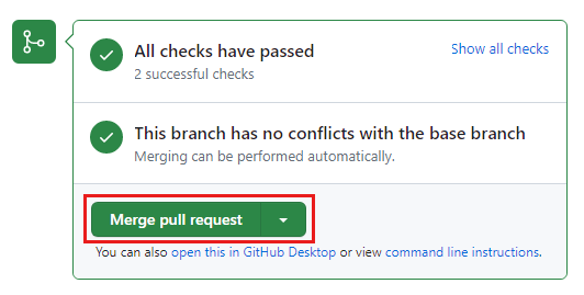 Screenshot: GitHub-Pull Request mit zwei erfolgreich durchgeführten Statusüberprüfungen