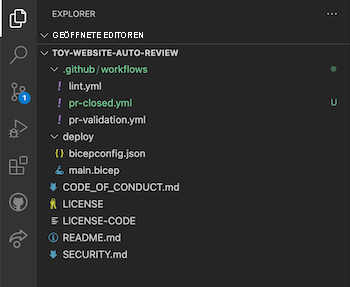 Screenshot von Visual Studio Code: Datei „pr-closed.yml“ im Ordner „Workflows“