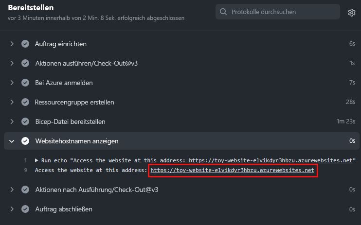 Screenshot des GitHub Actions-Bereitstellungsprotokolls. Die Website-URL im Schritt „Websitehostnamen anzeigen“ ist hervorgehoben.