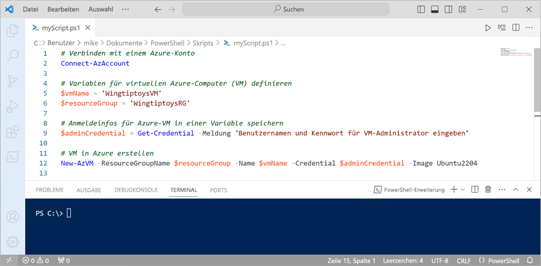 Screenshot: VS Code mit einem PowerShell-Skript zum Erstellen einer VM in Azure