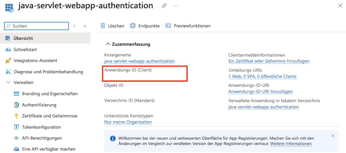 Screenshot, der die App-ID einer App hervorhebt, die mit Microsoft Entra ID im Azure-Portal registriert ist.