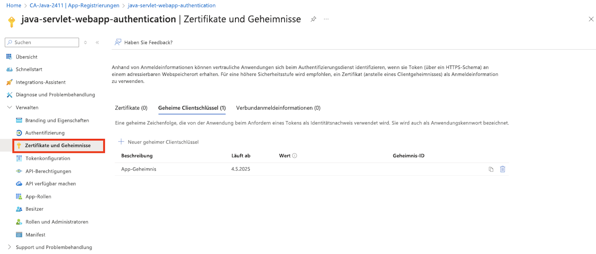 Screenshot: Hervorgehobenes Blatt „Zertifikate und Geheimnisse“ einer über das Azure-Portal bei Microsoft Entra ID registrierten App