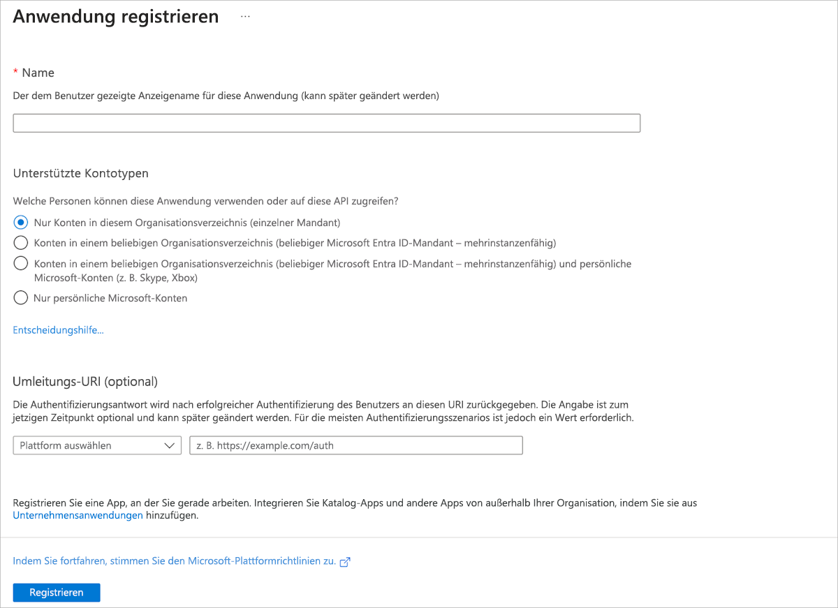 Screenshot, der die Registrierung einer neuen App mit Microsoft Entra ID im Azure-Portal zeigt.