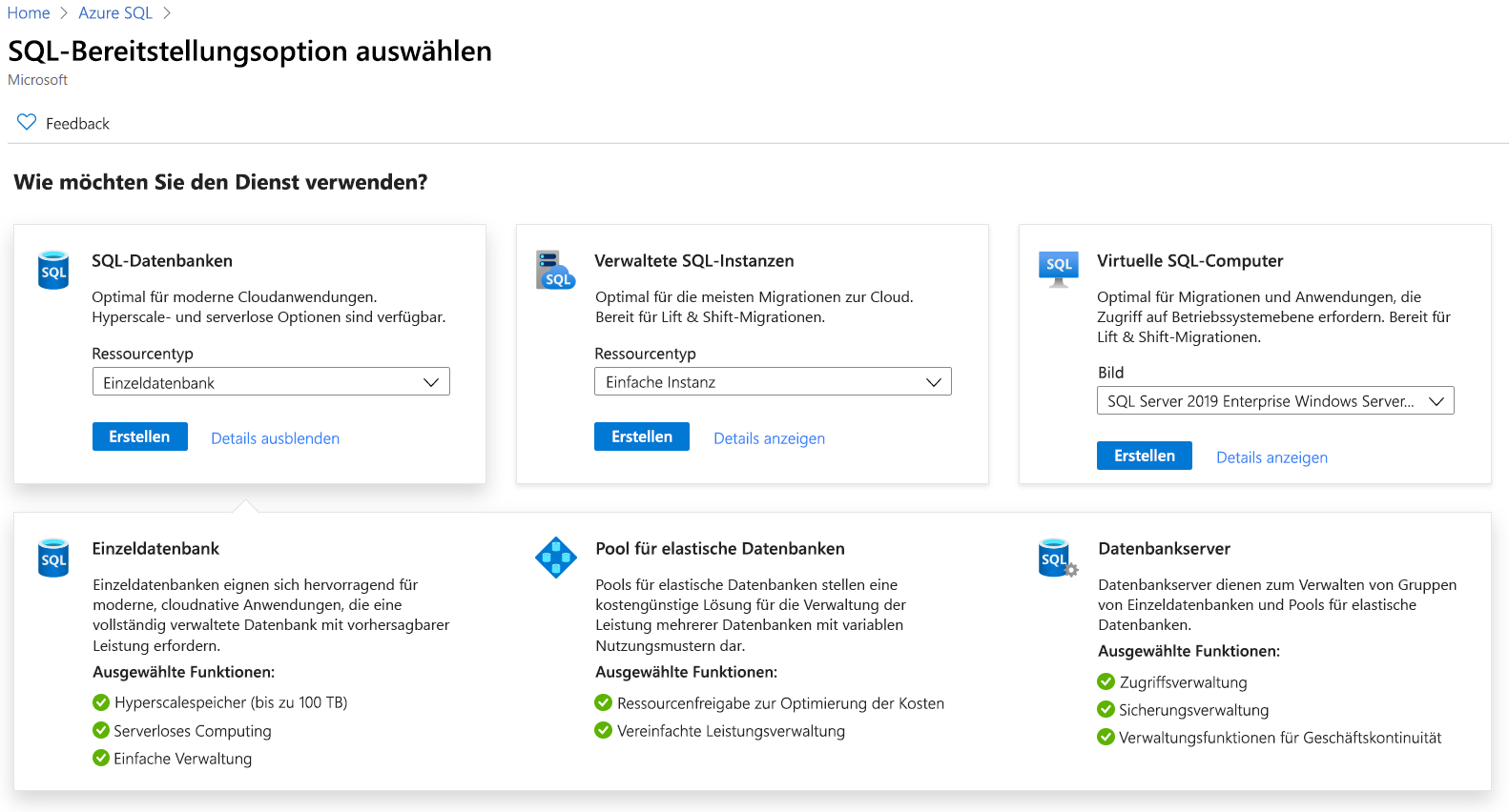 Screenshot: Azure SQL-Bereitstellungsoptionen im Azure-Portal