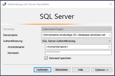 Screenshot des Verbindungsdialogfelds für SQL-Datenbank in SSMS