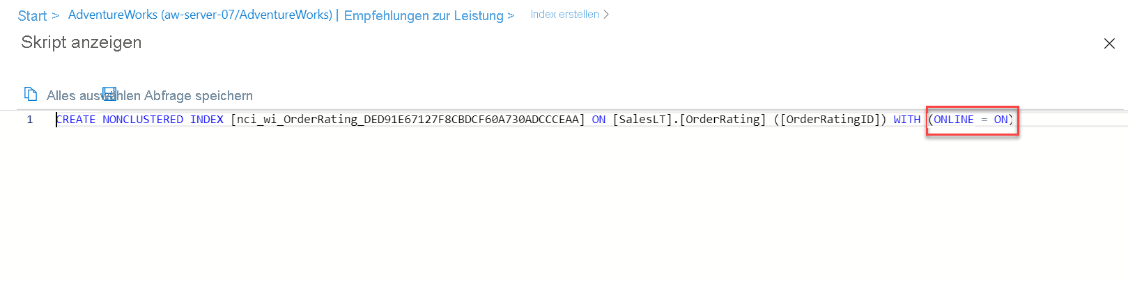 Screenshot des Indexempfehlungsskripts