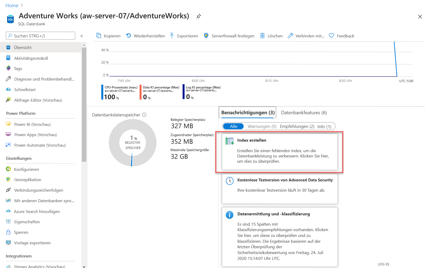 Screenshot: Benachrichtigung über Indexempfehlung