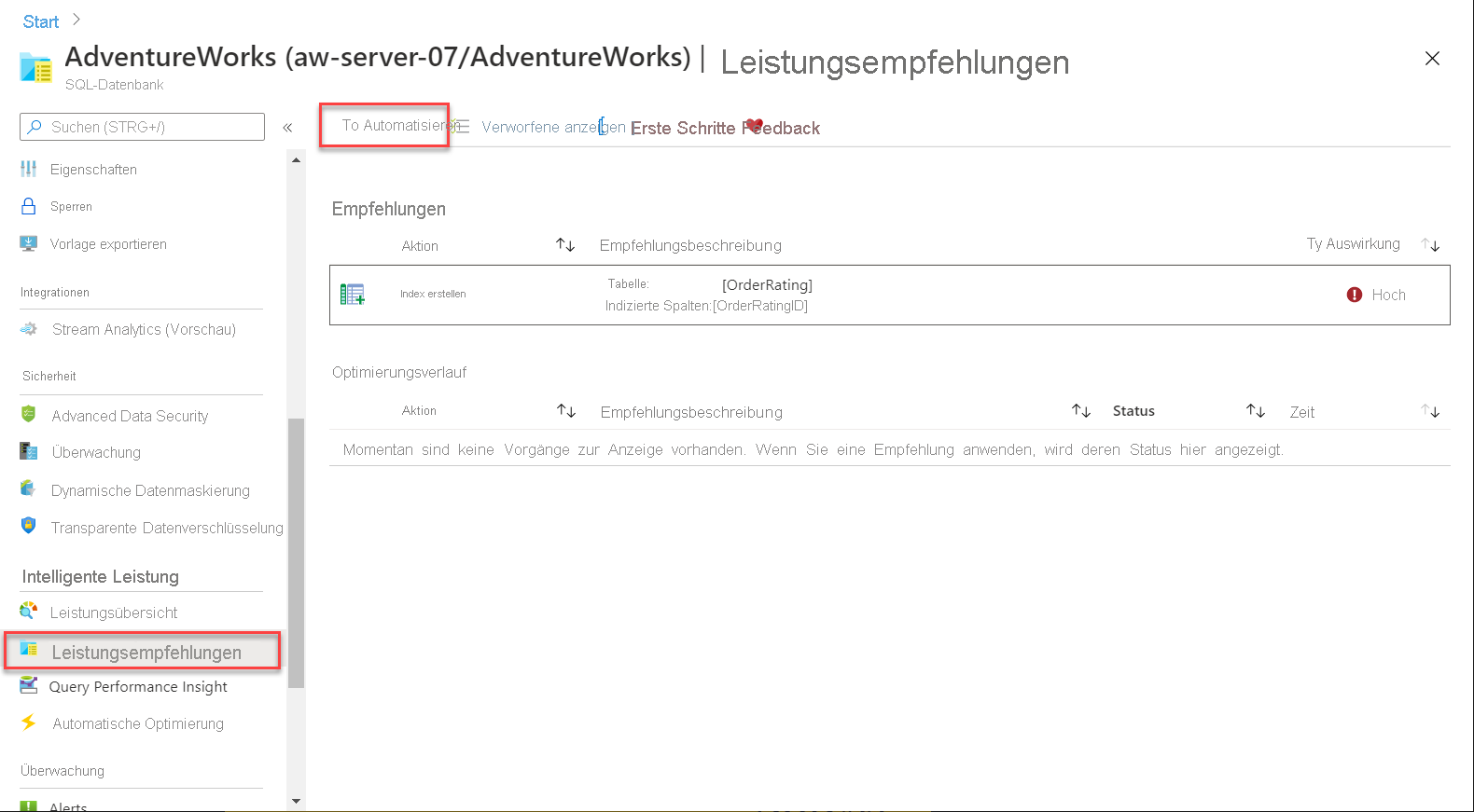 Screenshot: Leistungsempfehlungen