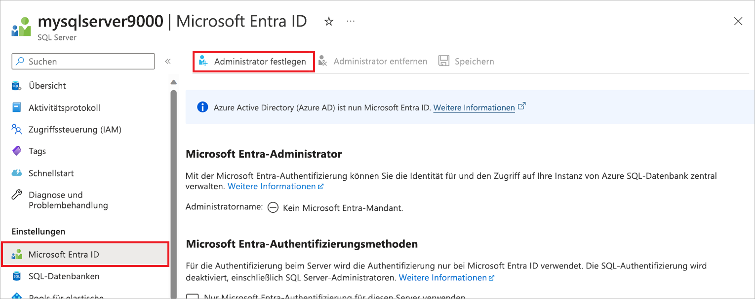 Screenshot der Einrichtung des Microsoft Entra-Administrators.