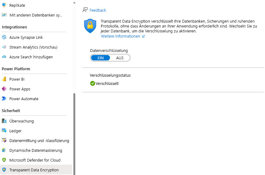 Screenshot der Bestätigung, dass TDE im Azure-Portal aktiviert ist.