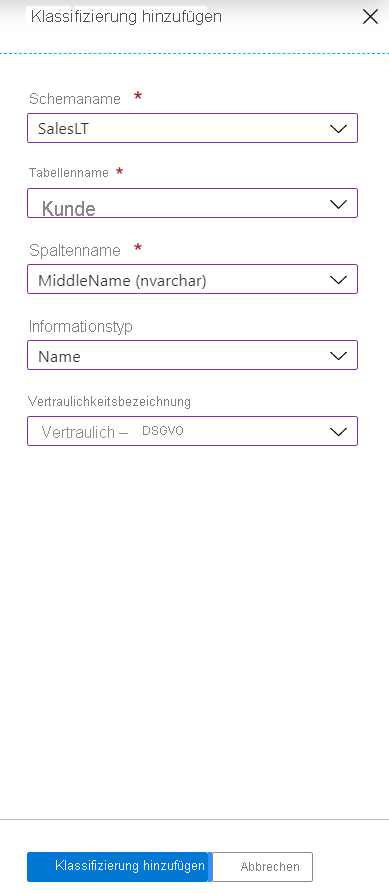 Screenshot of how to add a name-related classification for MiddleName.