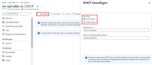 Screenshot of the Azure portal showing how to add either a DHCP server or a DHCP relay into the AVS private cloud.