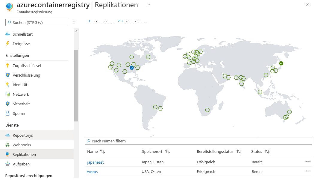 Screenshot: Weltkarte einer Azure-Containerregistrierung mit replizierten und verfügbaren Standorten