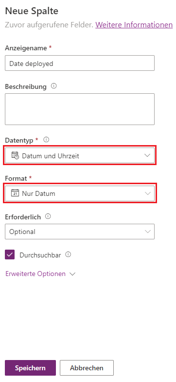 Screenshot des Screenshots vom Hinzufügen einer Datumsspalte mit hervorgehobenem Datentyp und ‑Format