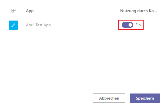 Screenshot der Apps im Feld mit aktiviertem Umschalter für die App, die wir freigeben möchten