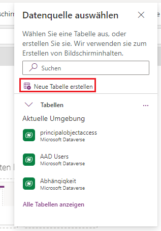 Screenshot des Popup-Fensters „Datenquelle auswählen“ mit hervorgehobener Option „Neue Tabelle erstellen“