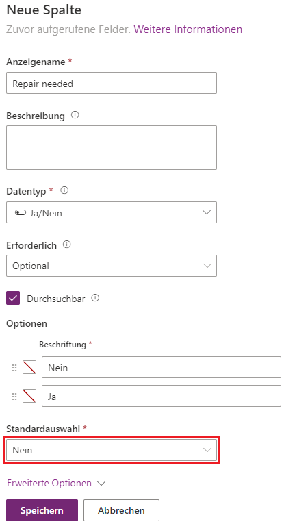 Screenshot des Hinzufügens einer Ja/Nein-Spalte mit als Nein hervorgehobener Standardauswahl