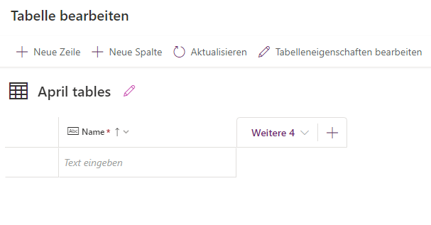 Screenshot des Bildschirms „Tabelle bearbeiten“ mit der eingeblendeten Kopfzeile „Bearbeiten“ und leerer Tabelle