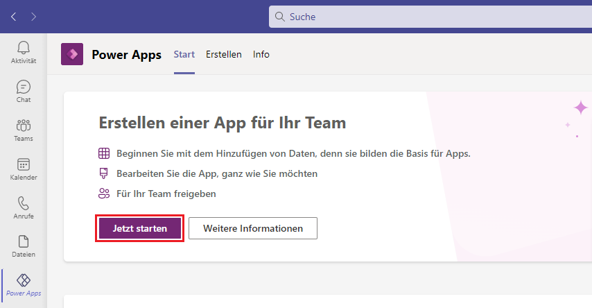 Screenshot des Power Apps-Startbildschirms mit der ausgewählten Option „Jetzt beginnen“