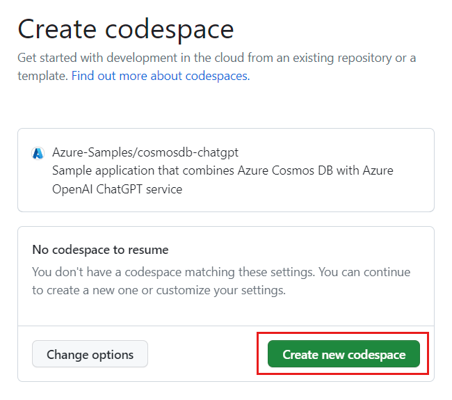 Screenshot: Bestätigungsbildschirm vor dem Erstellen eines neuen Codespace.