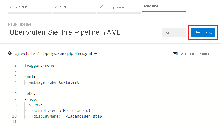 Screenshot: Schritt „Überprüfen“ des Flows „Pipeline erstellen“ mit hervorgehobener Schaltfläche „Ausführen“