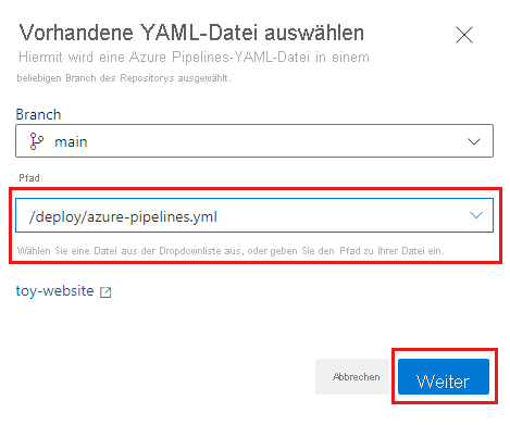 Screenshot der Azure DevOps-Seite „Vorhandene YAML-Datei auswählen“ und auf die Pipelinedatei festgelegtem Pfad sowie der hervorgehobenen Schaltfläche „Weiter“