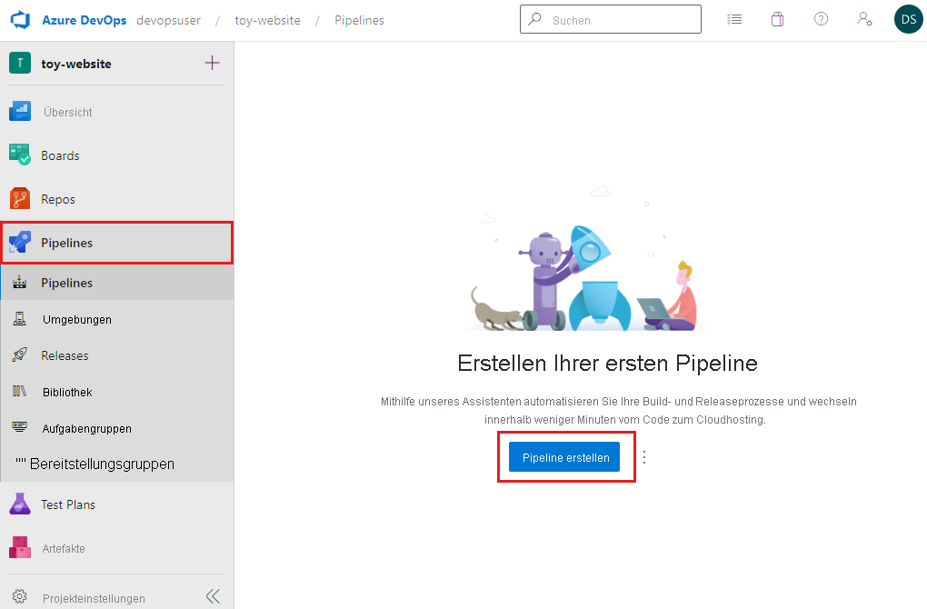 Screenshot: Bereich „Erstellen Sie Ihre erste Pipeline“ mit hervorgehobener Option „Pipelines“ im Ressourcenmenü und hervorgehobener Schaltfläche „Pipeline“