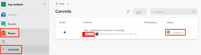 Screenshot: Bereich „Commits“ mit hervorgehobenem Commitbezeichner und Status „Erfolg“