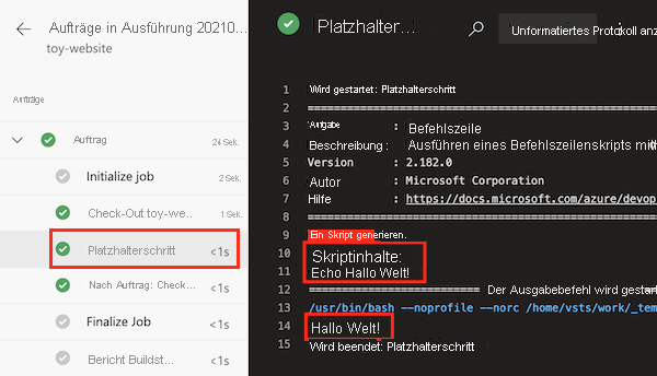 Screenshot: Pipelineauftragsprotokoll mit hervorgehobenem Platzhalterschritt und Details