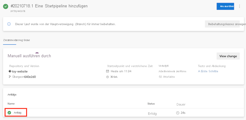 Screenshot: Pipeline mit dem Auftrag mit Status „Erfolgreich“ und hervorgehobenem Auftragsnamen