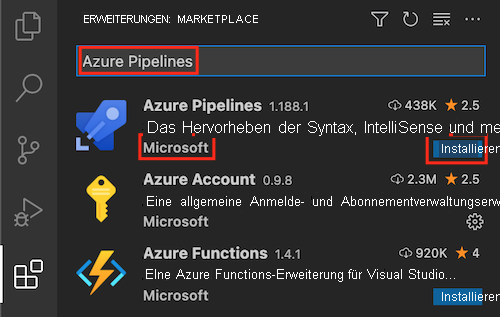 Screenshot: Erweiterungsmenü von Visual Studio Code mit Erweiterung „Azure Pipelines“ von Microsoft und hervorgehobener Schaltfläche „Installieren“