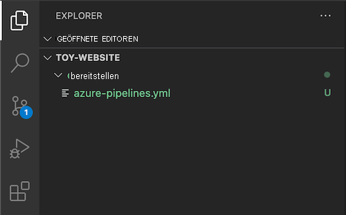 Screenshot: Visual Studio Code-Explorer mit Ordner „deploy“ und der gerade erstellten Datei „azure-pipelines.yml“