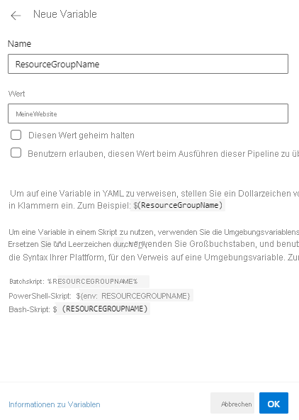 Screenshot von Azure DevOps, der das Erstellen einer neuen Variable zeigt