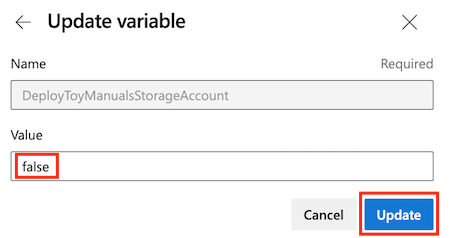 Screenshot of Azure DevOps that shows the 'Run pipeline' variable editor, with the Update button highlighted.