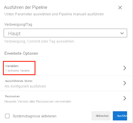 Screenshot of Azure DevOps that shows the 'Run pipeline' page, with the Variables menu item highlighted.