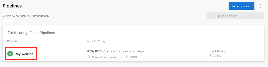 Screenshot of Azure DevOps that shows the pipelines list, with the toy-website pipeline highlighted.