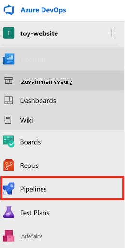 Screenshot of Azure DevOps that shows the menu, with Pipelines highlighted.