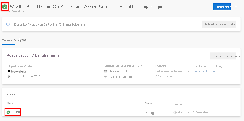 Screenshot of Azure DevOps that shows the successful pipeline run.