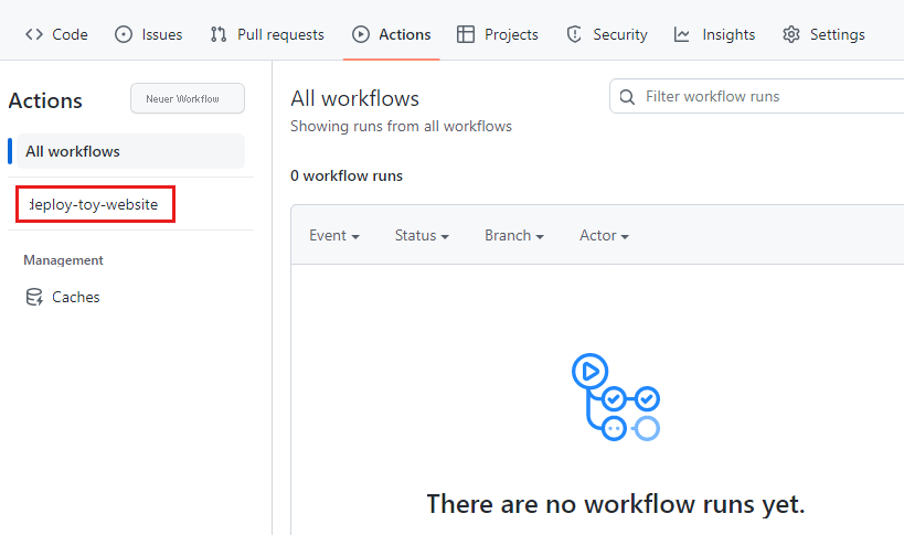 Screenshot of the GitHub interface showing the Actions tab, with the deploy-toy-website workflow selected.