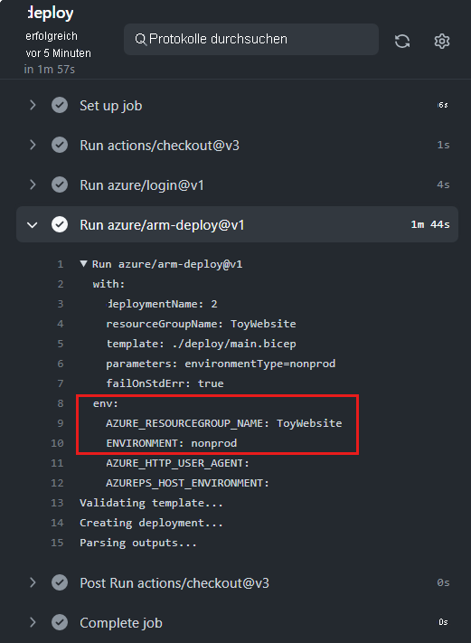 Screenshot of the GitHub interface showing the workflow log, with the 'environment variables' highlighted.