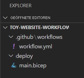 Screenshot of the Visual Studio Code Explorer, with the main dot bicep file highlighted and located in the deploy folder.