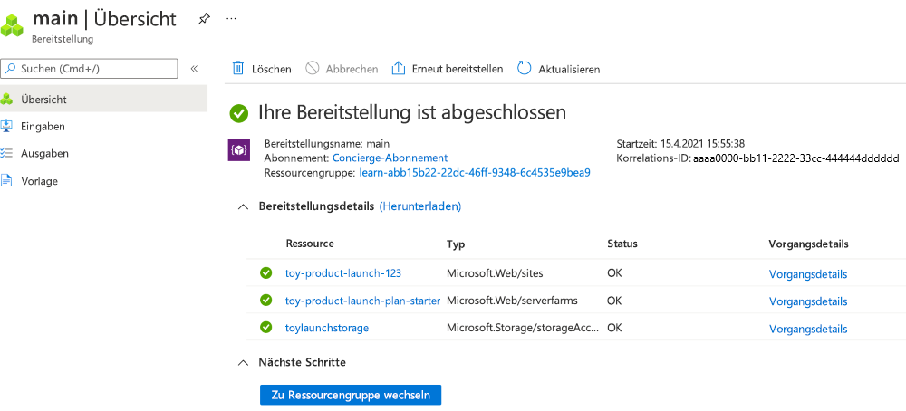 Screenshot des Azure-Portals für die Bereitstellung mit aufgelisteten Storage Account- und App Service-Ressourcen