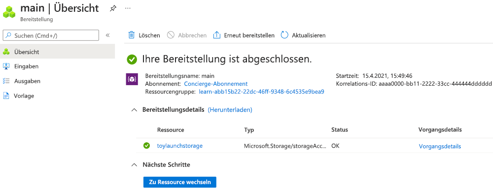 Screenshot des Azure-Portals für die Bereitstellung mit einer Speicherkontoressource