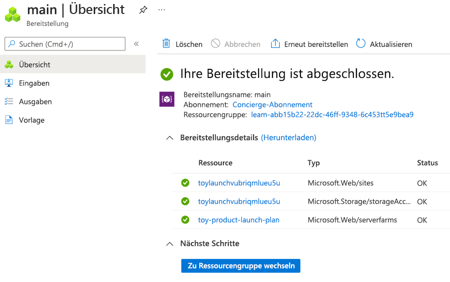 Screenshot des Azure-Portals für die Bereitstellung mit aufgelisteten Storage Account- und App Service-Ressourcen mit generierten Namen