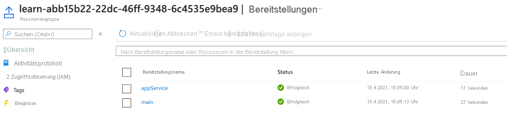 Screenshot des Azure-Portals für die Bereitstellungen, wobei zwei Bereitstellungen mit dem Status „Erfolgreich“ aufgelistet werden