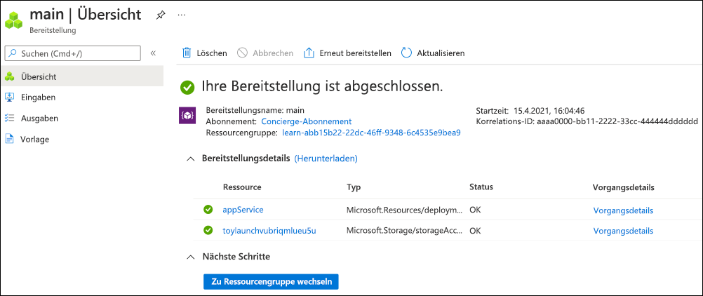 Screenshot des Azure-Portals für die Bereitstellung mit einer aufgelisteten Ressource