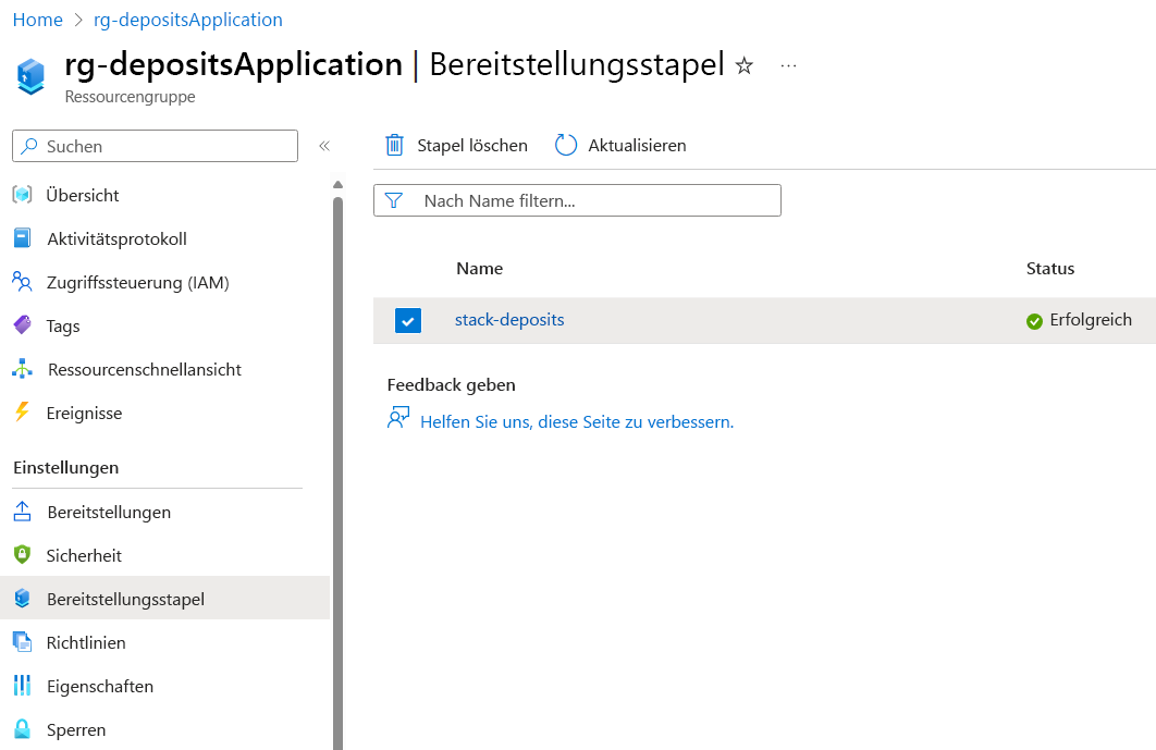 Screenshot: Azure-Portal mit den Einstellungen einer Ressourcengruppe und der Angabe, wo Bereitstellungsstapel zu finden sind