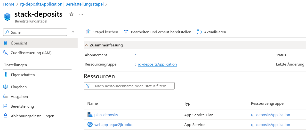 Screenshot: Azure-Portal mit den Eigenschaften eines Bereitstellungsstapels, einschließlich der verwalteten Ressourcen